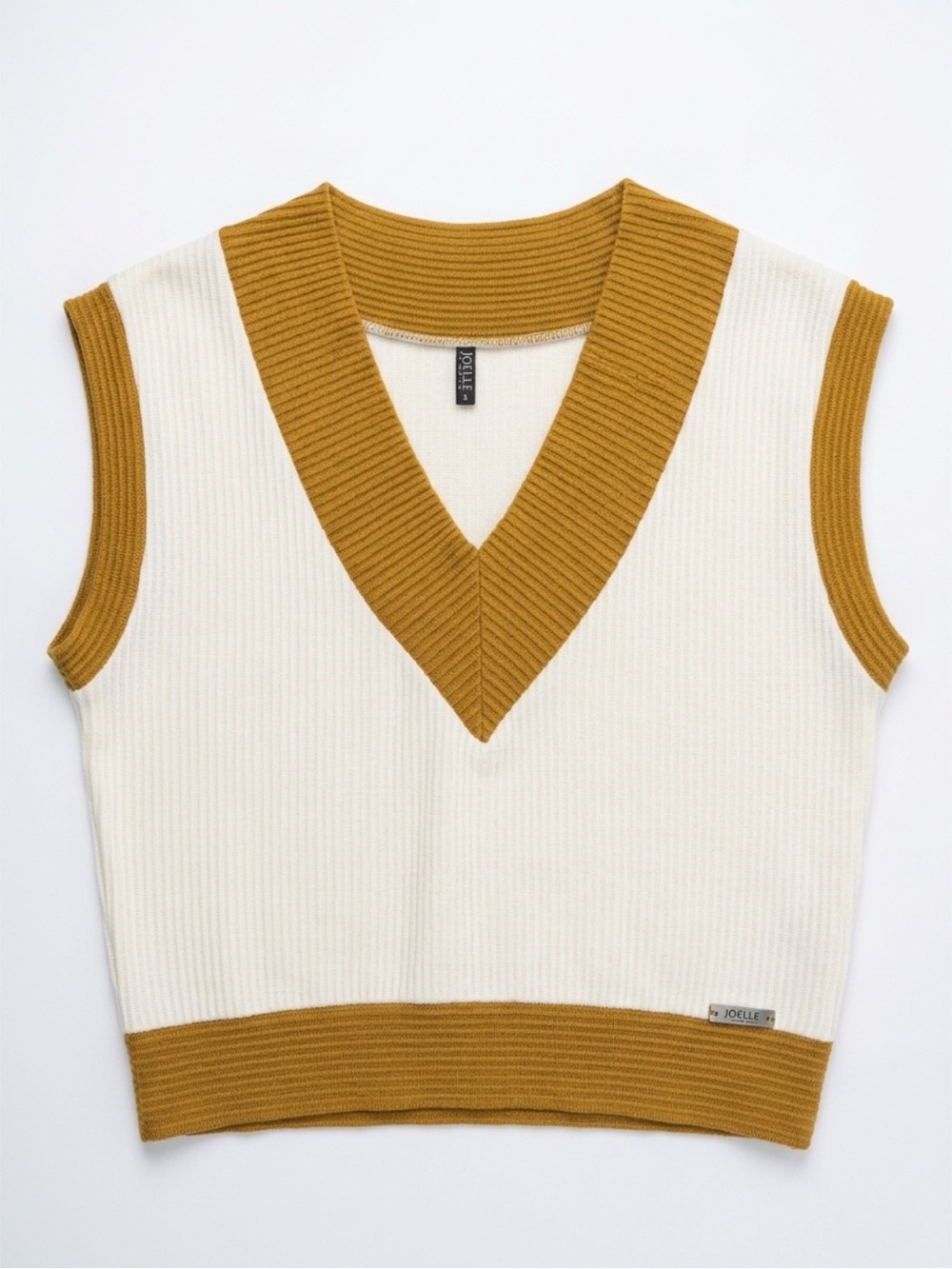 Contrast-Trim V-Neck Sleeveless Sweater - Cream & Mustard